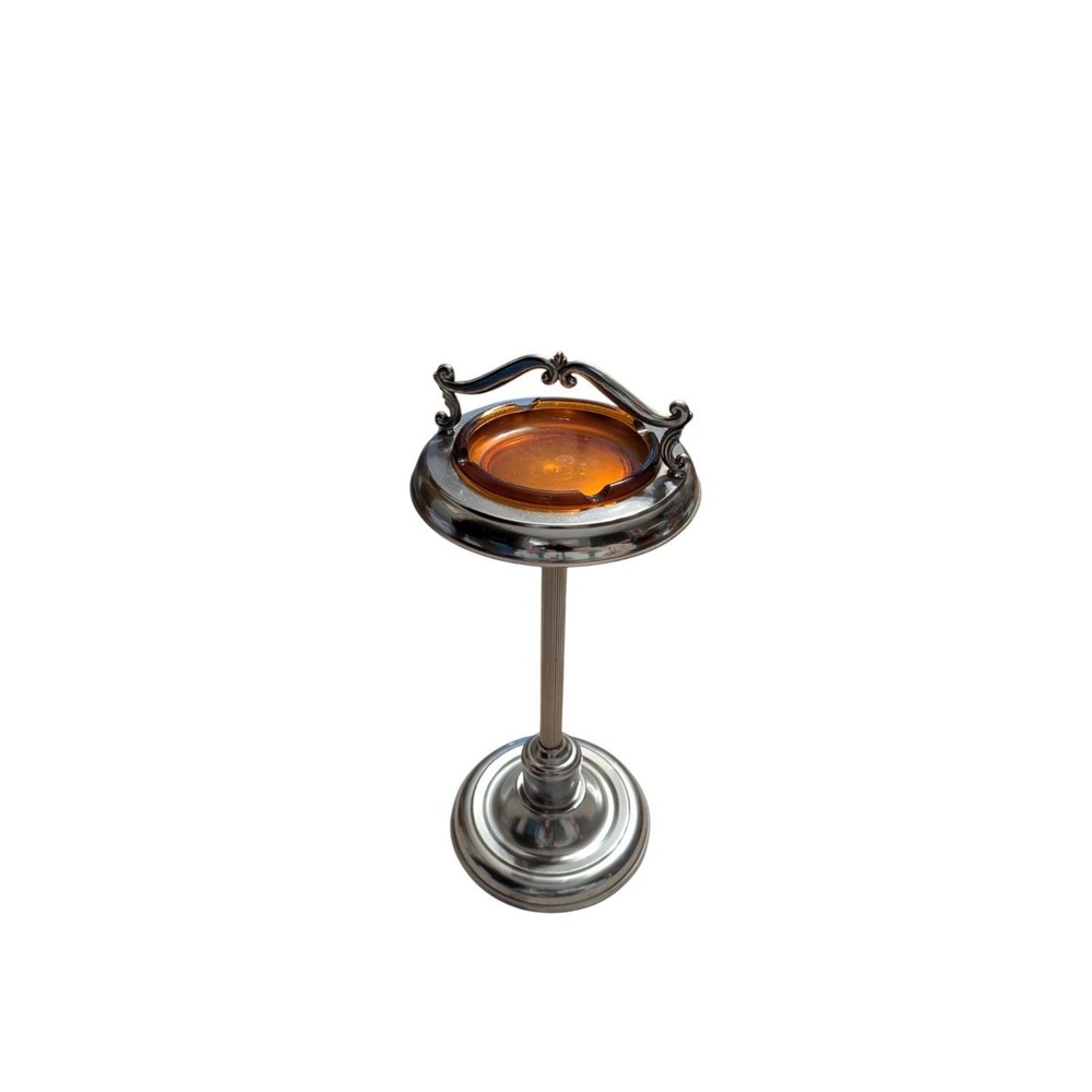 Vintage Chrome Pedestal Smoking Stand w/ Amber Glass Ashtray Insert 27"